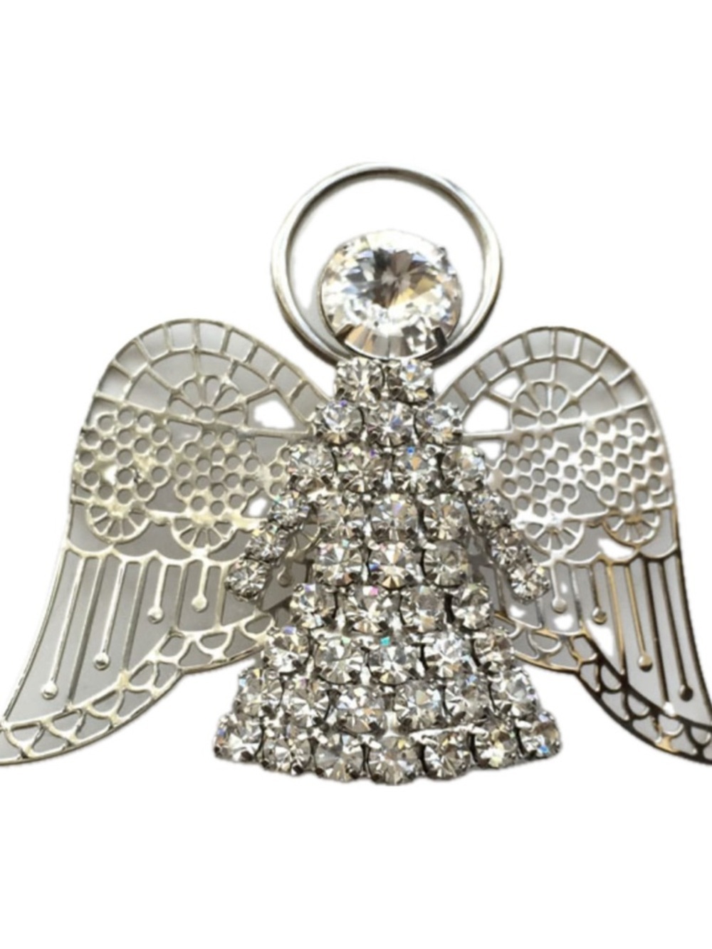 Silver tone ANGEL shape brooch pin with white round rhinestones
